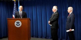 Homeland Security Secretary John Kelly (L), Secretary of State Rex Tillerson (C) and Attorney General Jeff Sessions (R), convey comments on issues related to visas