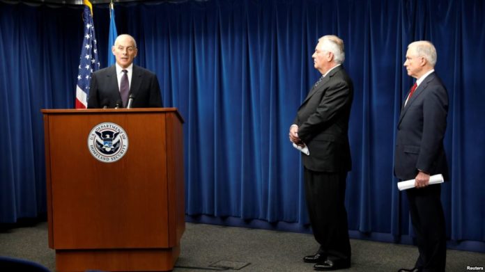 Homeland Security Secretary John Kelly (L), Secretary of State Rex Tillerson (C) and Attorney General Jeff Sessions (R), convey comments on issues related to visas